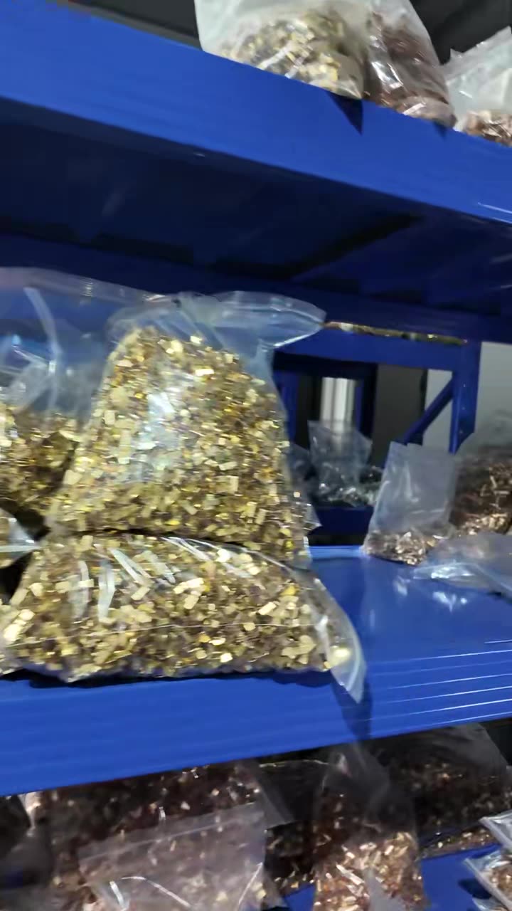 Bagged brass parts on storage shelving