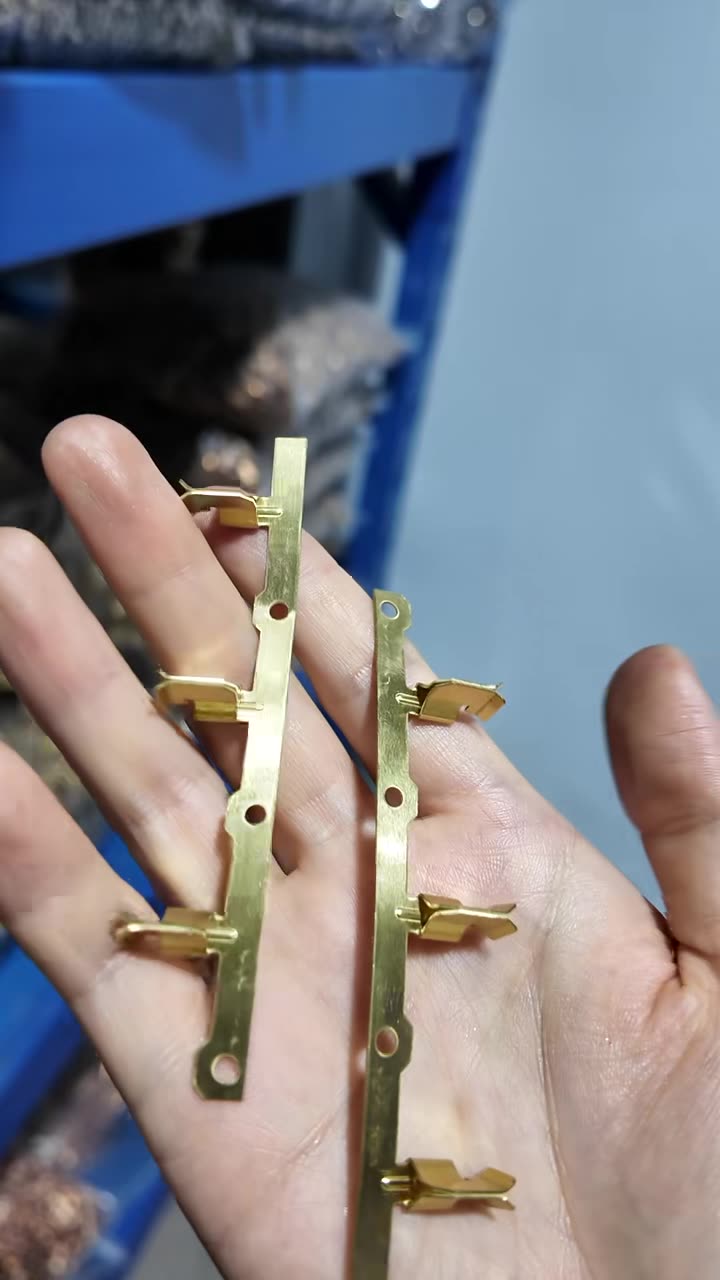 Formed brass contact rows ready to feed an assembly line